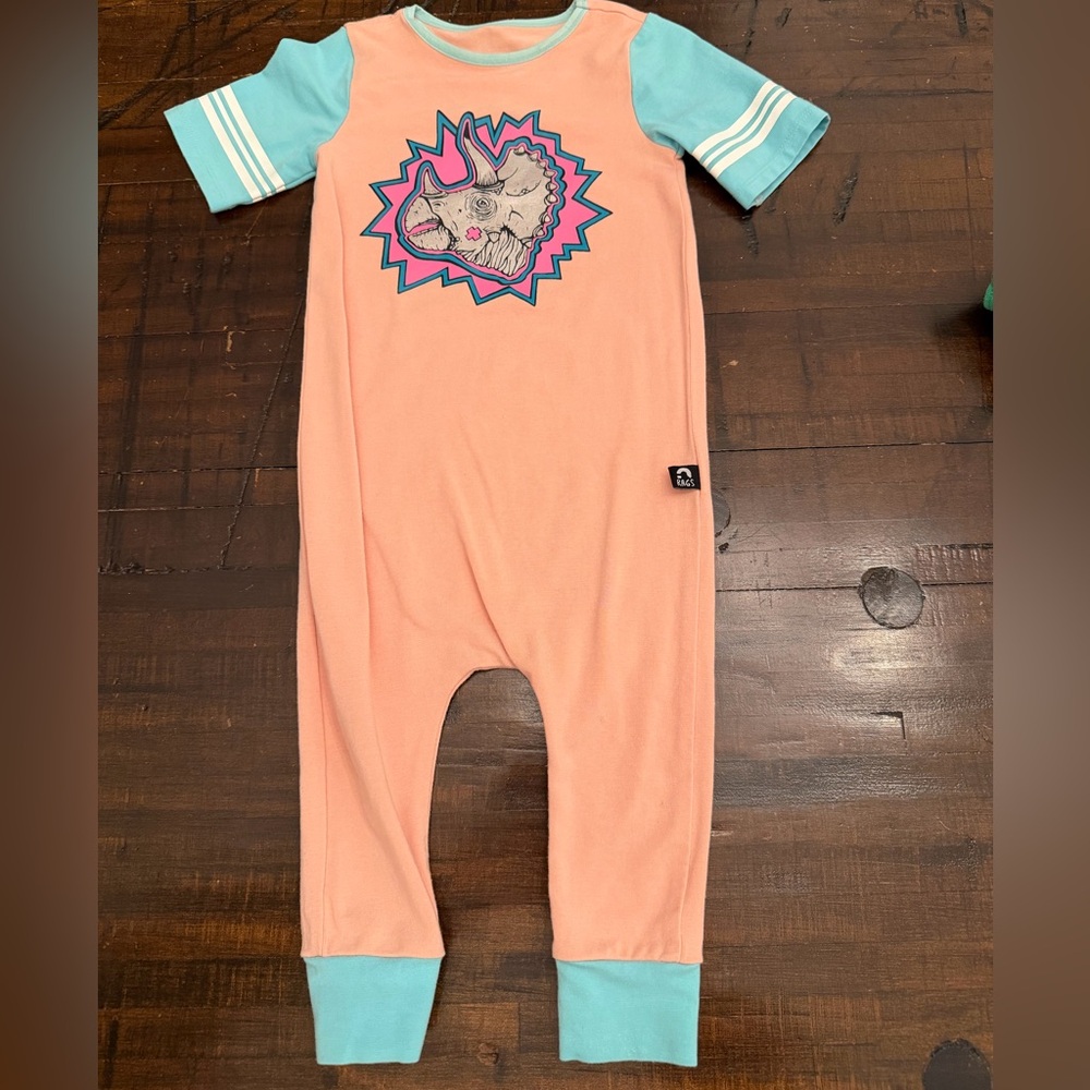 Rags to Raches Peach and Aqua Dinosaur Bodysuit